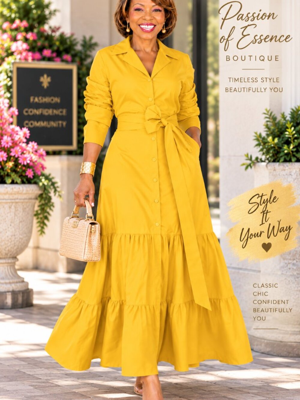 Canary Yellow Belted Maxi Shirt Dress Ruched Sleeve Elegant XL